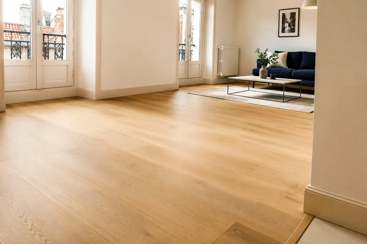 Inspiration d’une pose de parquet clair avec plinthes et seuils bien finis