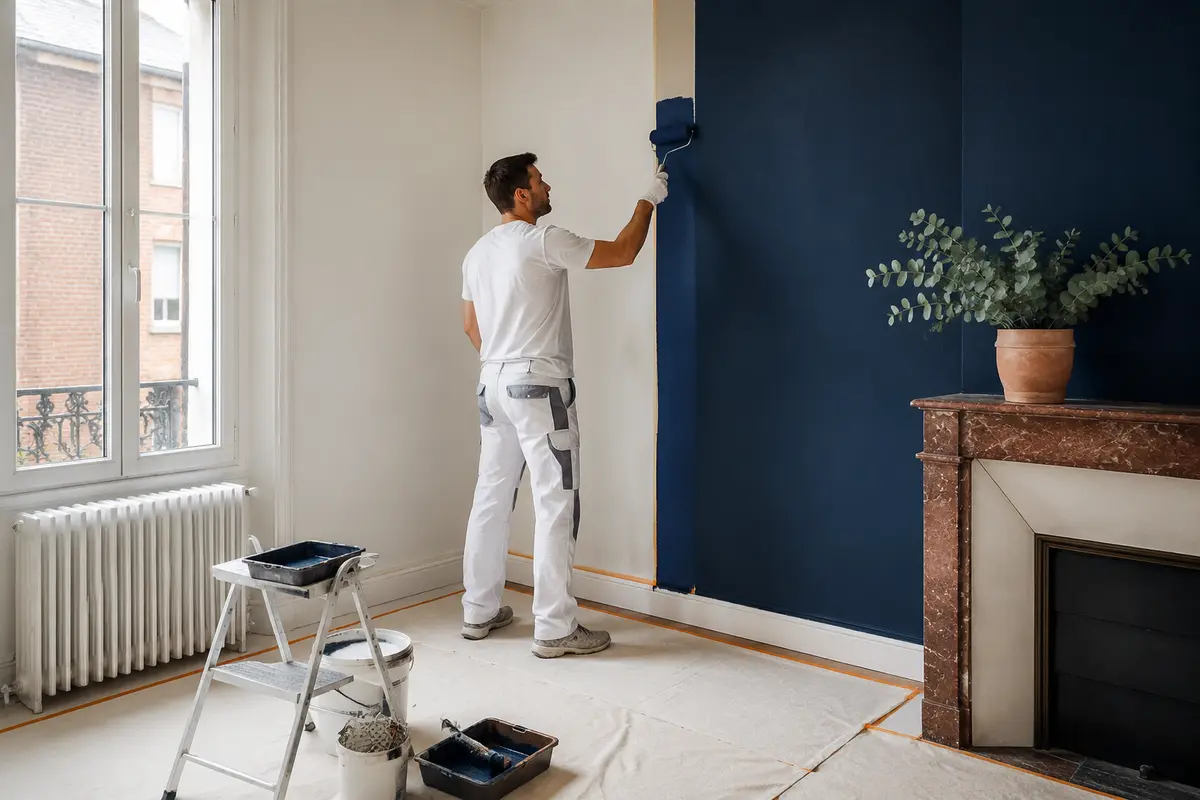 Artisan réalisant une peinture intérieure avec protections et finitions précises